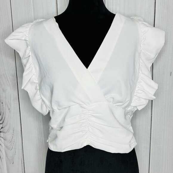 Shein V-Neck Shirred White Sleeveless Frill Crop Top Size M - Picture 1 of 10